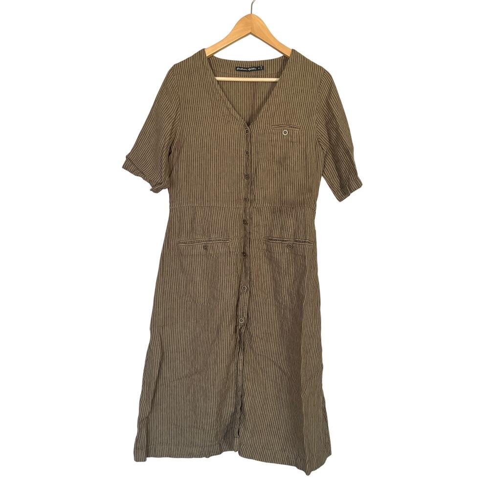 Gudrun Sjoden Linen Short Sleeve Shirt Dress Women's S Brown Striped Lagenlook
